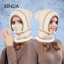 Winter Warme Strickmütze Sturmhaube Pullover Mütze und Schal Set Winddichter Gehörschutz Wollmützen Damenmode Skullcap Beanies