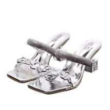 Summer Women's High Heels Square Diamond Metal Decoration Strip Sandalias De Mujer Sexy Versatile Large Size Zapatos De Mujer