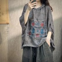 Neue Ankunft Sommer Kunst Stil Frauen Batwing Hülse Lose Tops Tees Vintage Stickerei Baumwolle Leinen Mit Kapuze T-shirt Hohe Qualität