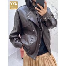 Leisure Style Solid Color Stand Collar Ladies Genuine Leather Jacket Loose Zipper Long Sleeves Sheepskin Motorcycle Outerwear