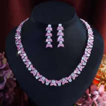 ThreeGraces Gorgeous Shiny Pink Cubic Zirconia Necklace Earrings Bridal Luxury Purple Jewelry Set for Women Wedding Party T1104