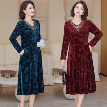 Herbst Elegante Reine Farbe V-ausschnitt Langarm Samt Kleid frauen Sorgfältige Tasche Mid-Länge Kleid Modische