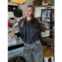 Neu im Herbst Winter Damen High End Kurze Motorrad Lederjacke Damen Top Retro Braun Lose Freizeitmantel Damenbekleidung