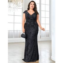 Plus Size Elegantes blaues Abendkleid für Frauen 2024, luxuriöses langes Meerjungfrau-formales Pailletten-V-Ausschnitt-Abschlussball-Hochzeitskleid