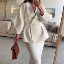 Damen Mode V-ausschnitt Puff Sleeve Tops & Tasche Hüfte Röcke Anzug Frauen Chic Einfarbig Bankett Outfit Elegante High Street kleider Set