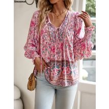 Frauen Vintage Floral Print Boho Bluse Sexy V-ausschnitt Langarm Tops Casual Datum Arbeit Party Sommer Strand Lose Blusen Shirts