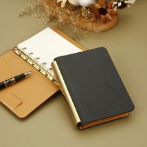 A7 Gold Schwarz Kaffee PU Leder Binder 6 Ringbuch mit 50 Blatt innerem Clip-on-Notizbuch Kunstleder Loseblatt-Notizbuch
