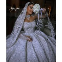 Maßgeschneidertes Ballkleid-Hochzeitskleid mit Herzausschnitt und langen Ärmeln, A-Linie, mit Pailletten und Perlen verziert, Brautkleid, Vestido de novia