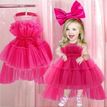 Flauschige Bogen Baby nachlaufende Mädchen Kleider Tüll Hochzeit 1. Geburtstags feier Vestidos Kinder Abendkleid rosa Prinzessin Kleid für Mädchen