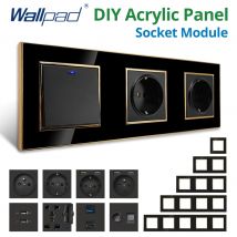 Wallpad Modulo fai da te nero Pannello acrilico con bordo dorato Presa di corrente a muro Presa elettrica Funzione S6 Combinazione libera di chiavi