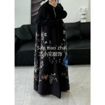 2024 Herbst neue Abaya schwarz Langarm Revers Druck lose Dubai Saudi Frauen Trenchcoat lange Jacke 57 Zoll