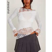 Fantoye Patchwork sehen durch Spitze Frauen T-Shirt weiß Langarm Rundhals-T-Shirt weibliche Frühling dünne würzige Mädchen Streetwear