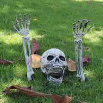 Halloween Realistic Skull Skeleton Head Human Hand Arms for Halloween Party Home Garden Lawn Decor Haunted House Horror Props