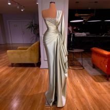Meerjungfrau Abendkleider Eine Schulter Falte Perlen Prom Kleid Bodenlangen Lange Robe De Soiree Pageant Party Kleider