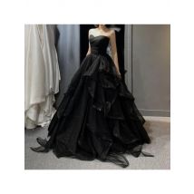 Wedding Shooting Temperament Black Elegant Wedding Party Dresses Strapless Tiered Draped Prom Robe Ball Gown Formal Dress Women