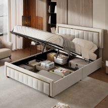 Anajqaqia Cama doble tapizada de 140×200/160×200 cm, cama con almacenamiento hidráulico con rayas verticales y bordes de estructura dorada, terciopelo