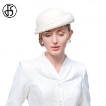 FS Weiße Vintage-Luxus-Baskenmütze für Damen, Zylinder aus Wollfilz, Fedora, elegante Kirchenmütze mit Kunstperlen für Hochzeitszeremonie
