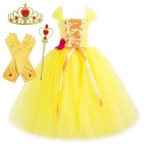Yellow Belle Princess Long Tutu Dress for Girls Christmas Carnival Floor Costumes with Crown Kids Girl Birthday Party Ball Gown
