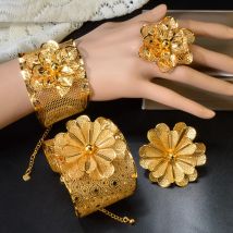 Dubai Gold Color Rings Bangles Set For Women Wedding Turkish Nigerian Bride Indian Brazilian Fashion African Hawaiian Jewelry