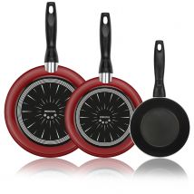 Alza Akai - Set de Sartenes Rojas 18 + 20 + 24 cm, Acero Vitrificado, Antiadherente Bicapa, Todo Tipo de Cocinas Incluido Inducción y Lavavajillas
