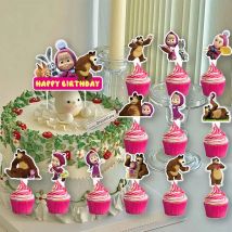 Piccoli cartelli decorati con torta di buon compleanno dei cartoni animati di Martha e l'orso