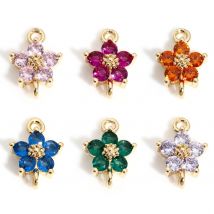 2 Piece Flower Brass Connectors Charms Pendants For DIY Jewelry Making 18K Real Gold Plated Multicolour Cubic Zirconia 12mmx8mm