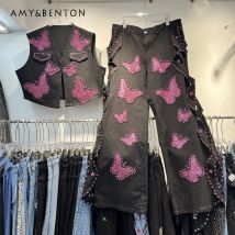2025, neues schickes Design, ärmellose Jeansweste, raues Oberteil, Weste, Outfits, schwere Industrie, Diamantbohrer, Y2k-Schleife, Jeans, zweiteiliges Set