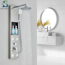 Pannello doccia in nichel spazzolato Colonna Soffione doccia a pioggia e cascata Getti massaggianti Miscelatore caldo e freddo Rubinetto per doccia da bagno