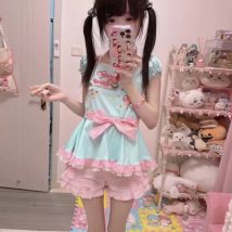 Japanische Kawaii Print Lolita T-Shirts Frauen Y2k süße T-Shirts Sommer süße Schleife Neckholder Bandage Kurzarm Baumwolle Tops