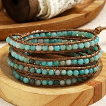Mode Frauen Schmuck Braun Leder Armband Handgefertigt 5 Stränge 4mm Natursteine Wrap Armbänder DropShippers