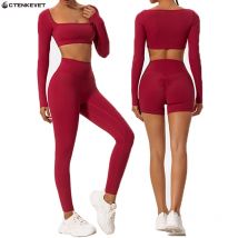 Ctenkevet Long-Sleeved Sports Fitness Set Women Outdoors Running Activewear Female Yoga Clothes Crop Top Sport Outfit For Woman