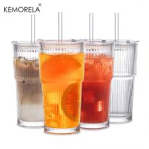 KEMORELA 590 ml gerippte Glasbecher mit Deckel und Glasstrohhalmen, 4-teiliges Glaswaren-Set, idealer Eiskaffee, Smoothies, Saft, Cocktails