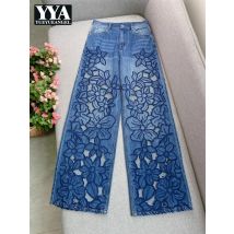 Sommer Frauen Jeans Floral Stickerei Gerade Hosen Designer Streetwear Casual Aushöhlen Vintage Hohe Taille Denim Lange Hosen