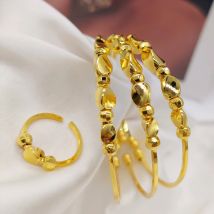 Mode 3 stücke Armreifen mit Ring Dubai Gold Farbe Glück Perlen Armbänder Luxus Hand Schmuck Sets für Hochzeit Party Jahrestag geschenk