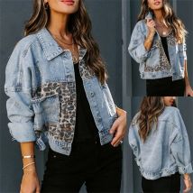 Herbst und Winter Jeansjacke Frauen Langarm Leopardenmuster Spleißen Jeansjacke Mantel Frauen