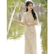 Neue Chinesische Stil Verbesserte Mädchen Jacquard Cheongsam Sommer Elegante Sanfte Blumen Lange frauen Kleid Anmutige Cheongsam Kleid