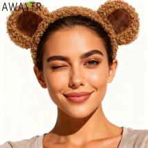 AWAYTR Cartoon Fluffy Bear Ear Hairband Fabric Faux Fur Hair Bands Satin Hoop Braided Headband For Girls Festival Headwear