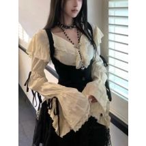 New Subculture Lace Vintage 3 Piece Set Women Design Flare Sleeve Shirt + Tunic Vest+ Mini Skirt Japanese Sexy Y2k Retro Outfits