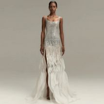 High Quality Ruffles Organza Customized Wedding Dress Classic Scoop Spaghetti Straps Bridal Gowns Sexy Side Slit Robe de mariée