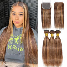 highlight 12A Straight Human Hair Bundles with Closure Honey Blonde Human Hair Bundles 100% Burmese Virgin Raw Hair Bundles