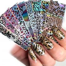 10pcs Laser Leopard Print Nail Transfer Foils Winter New Year Animal Skin Pattern Starry Paper Sticker Sexy Charm Manicure Decal
