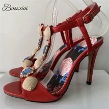 Sea-Shell Diamond Decor T-Riemen-Sandalen für Damen, 10 cm Stiletto-Absatz, echtes Leder, bedruckt, Sommerschuhe für Mädchen