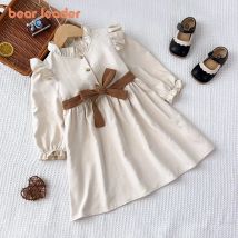 Bär Führer Frühling und Herbst Neue Koreanische Version Plain Langarm Mädchen Kleid Knopf Gebunden Gürtel Kinder Casual Kleider