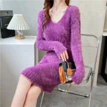 Nachahmung Nerz Pullover Kleid frauen Draußen Tragen Herbst Winter Neue Thicke Schlank Strick Pullover Kleid Mid-Länge V-ausschnitt Basis hemd