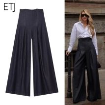 ETJ 2025 women's new street fashion casual ultra high waist wide leg jeans personality pleated wide leg pants