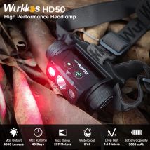 Wurkkos HD50 Lampada frontale a LED 4000LM Torcia ricaricabile ad alta potenza IP67 Impermeabile 21700 Illuminazione da pesca con luce rossa 660nm