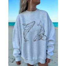 Buckelwal-Druck-Sweatshirts für Damen, Herbst-Fleece, warme Hoodies, Rundhalsausschnitt, lockere Pullover, Grundlagen, bequeme Damenkleidung