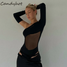 Candyhot Sexy Schräg-neck Body Schwarz Mesh Patchwork Off Schulter Casual Langarm Mieder Frauen Nacht Club Party Bodys