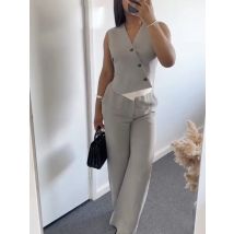 2024 mode Frauen Solide Grau Hosen 2 Stück Set Ärmellose Asymmetrische Weste + Weibliche Hohe Taille Breite Bein Hosen lässig