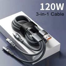 Cavo di ricarica USB multiporta - Ricarica rapida da 120 W |   Tipo C + Lightning + Micro-USB Nylon intrecciato per iPhone, Android e altro